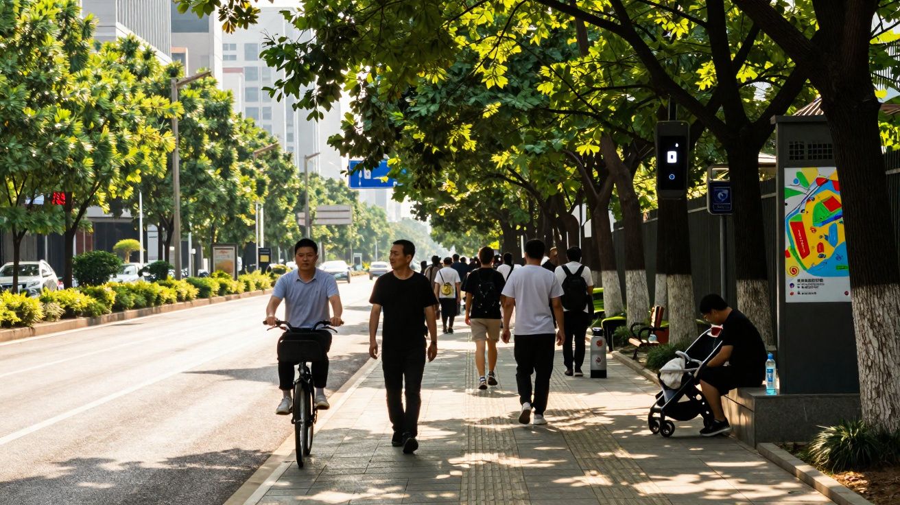 Rua urbana com pessoas a caminhar, ciclista e árvores a sombrear passeios em dia soalheiro.