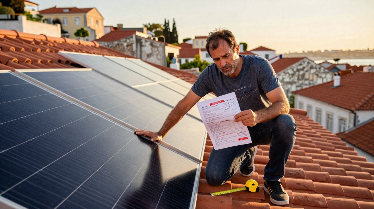Homem verifica documentos e mede painéis solares instalados no telhado de uma casa numa área residencial.