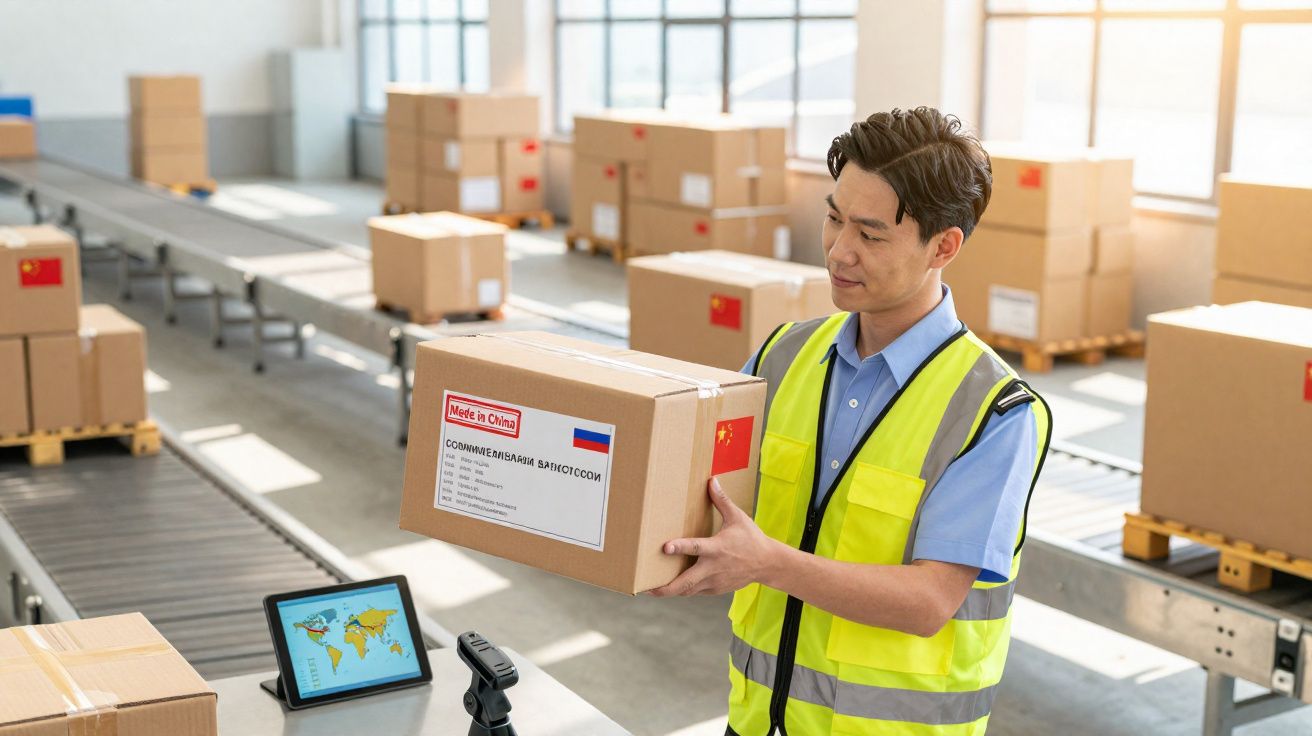 Homem com colete refletor a segurar caixa numa linha de embalagens numa fábrica ou armazém.