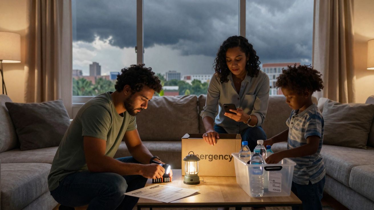 Família prepara um kit de emergência dentro de casa, com lanternas, garrafas de água e caixa de suprimentos.