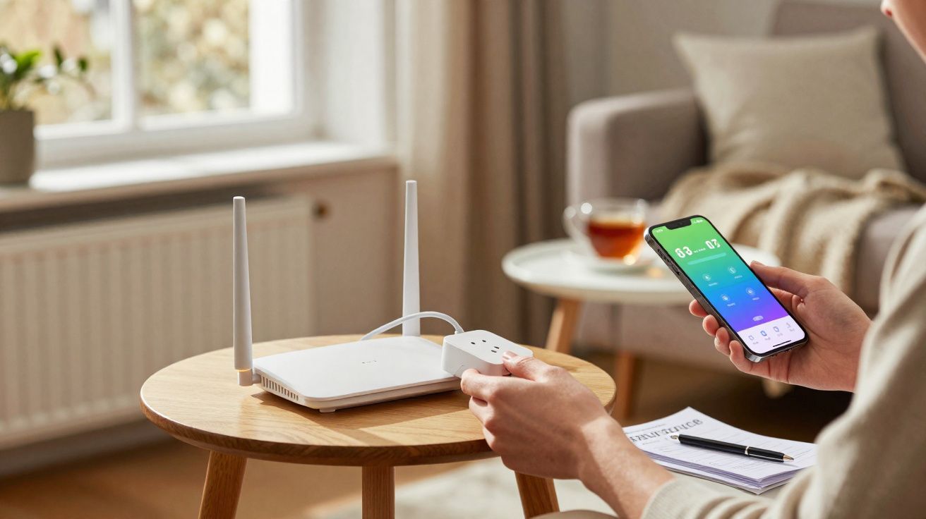 Pessoa a controlar dispositivo doméstico inteligente com smartphone, perto de router wifi numa mesa redonda de madeira.