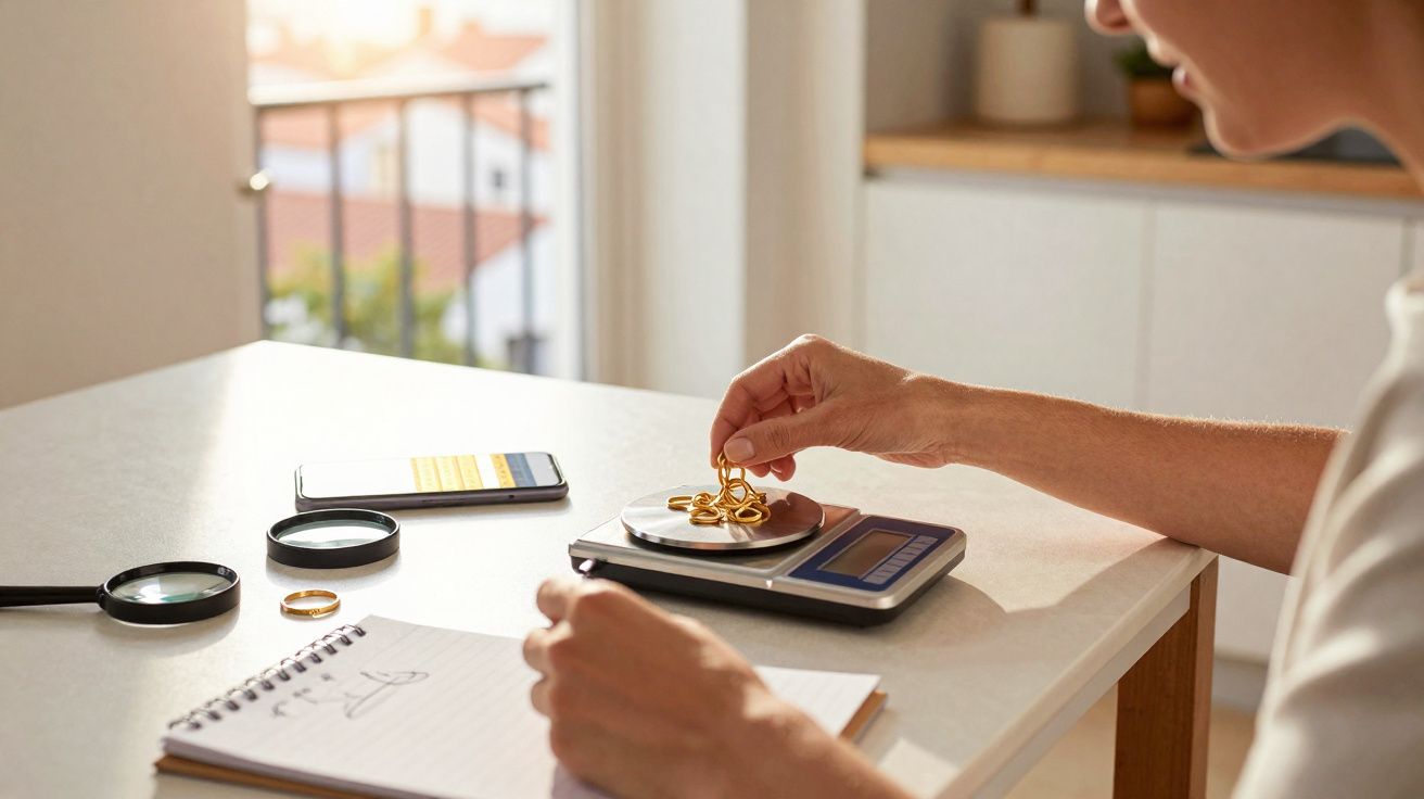 Pessoa a pesar vários anéis de ouro numa balança digital numa mesa com caderno, lupa e telemóvel.