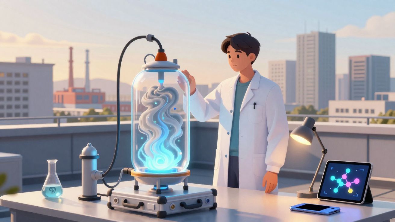 Cientista com bata branca observa experimento científico num laboratório ao ar livre ao pôr do sol.