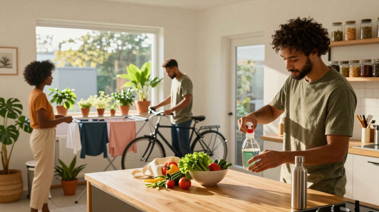 Pessoa limpa a cozinha enquanto outras duas arrumam roupa e bicicleta numa sala luminosa com plantas.