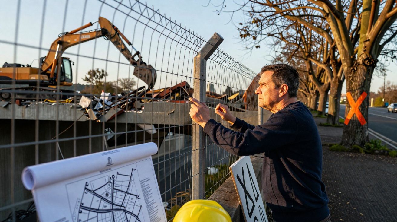 Homem observa demolição de edifício atrás de vedação metálica num local de construção.