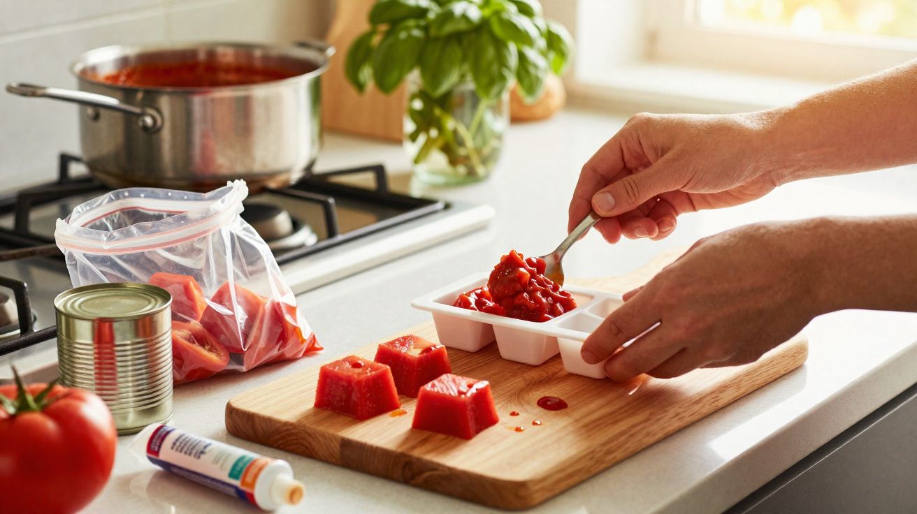 mãos a colocar polpa de tomate em forme de gelo numa tábua de madeira na cozinha.
