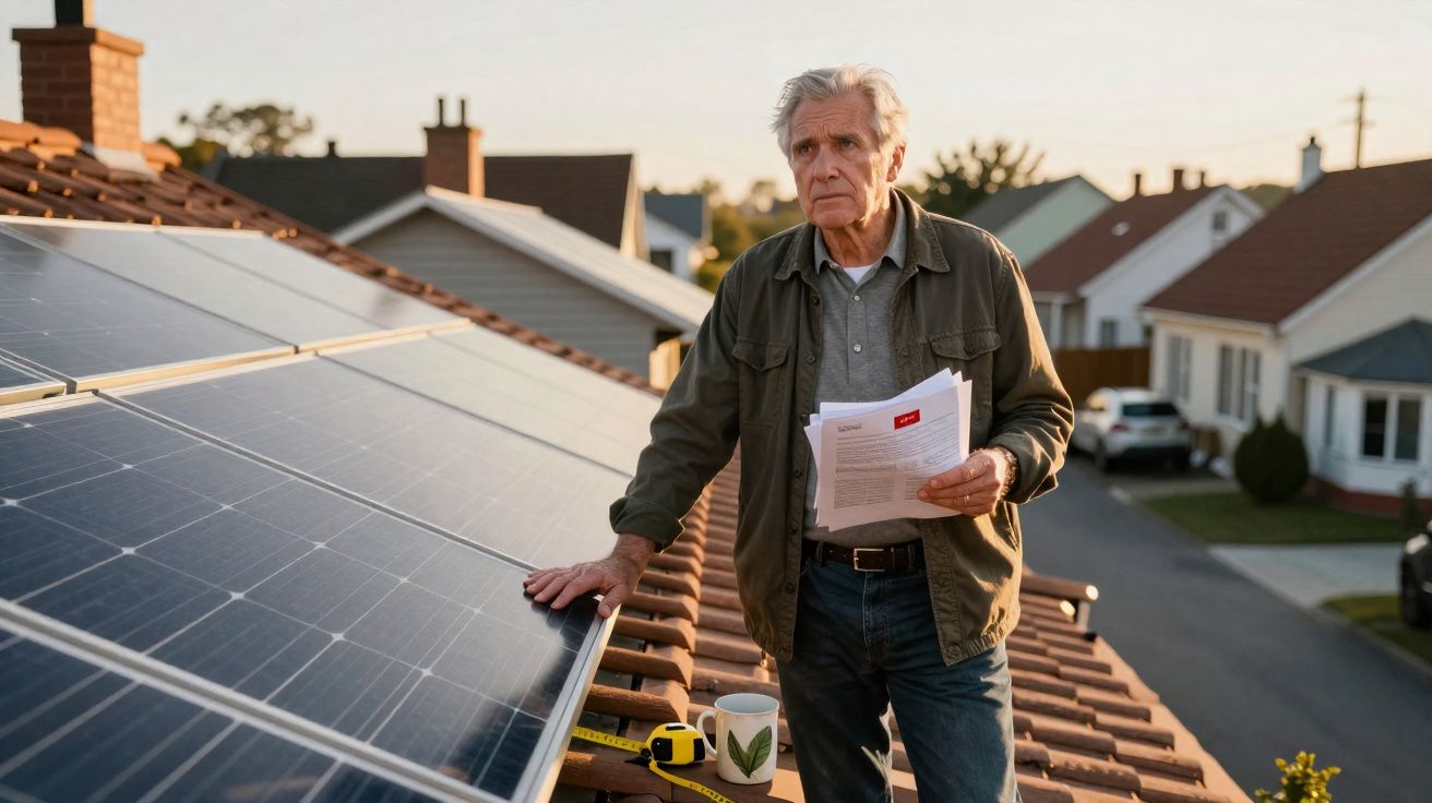 Homem idoso em telhado com painéis solares, segurando documentos e olhando para frente, ao pôr do sol.