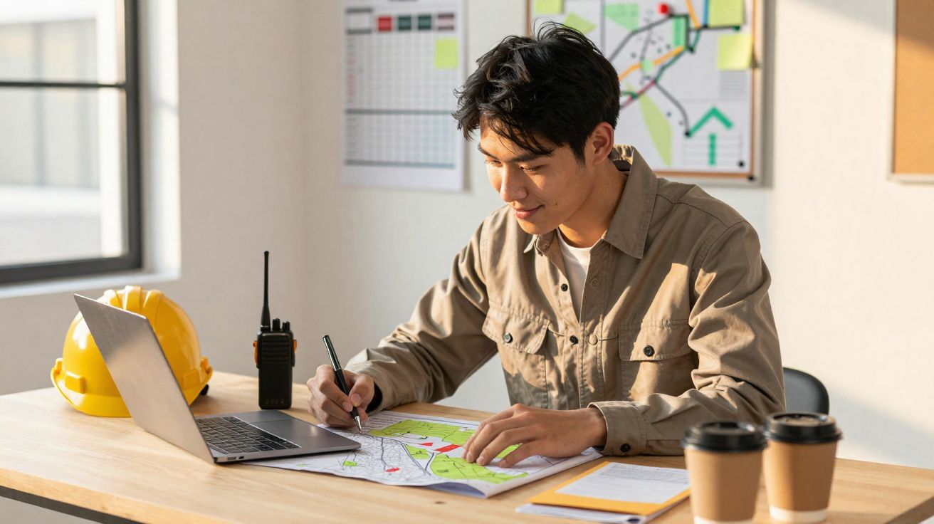 Homem a trabalhar com plantas e laptop numa mesa com capacete, rádio e dois copos de café.