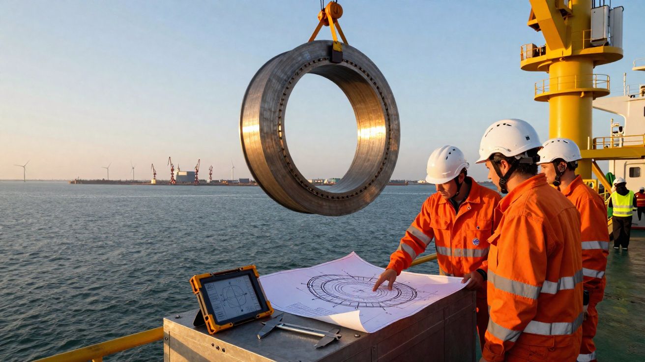 Três trabalhadores com capacetes e coletes laranja analisam planos junto ao mar, com grande peça metálica suspensa por grua.