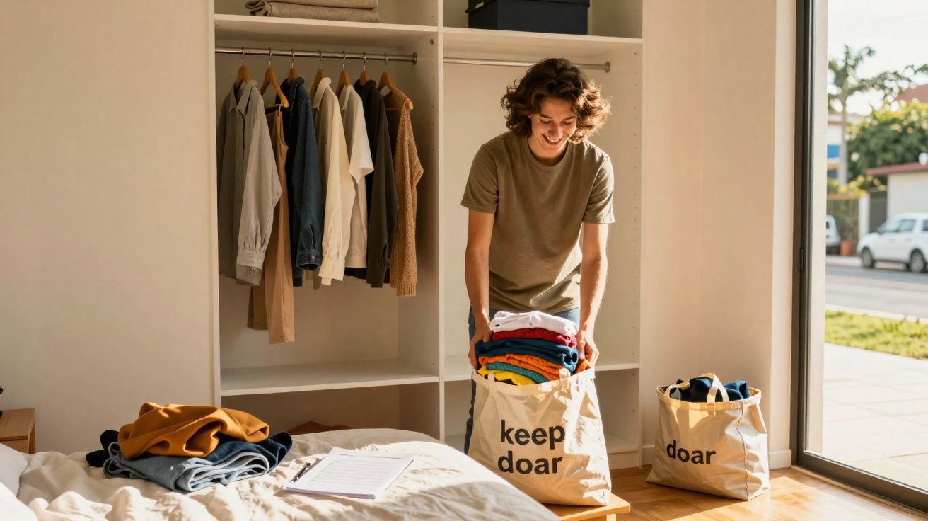 Pessoa a sorrir organizando roupas numa bolsa de doação dentro de um quarto bem iluminado.