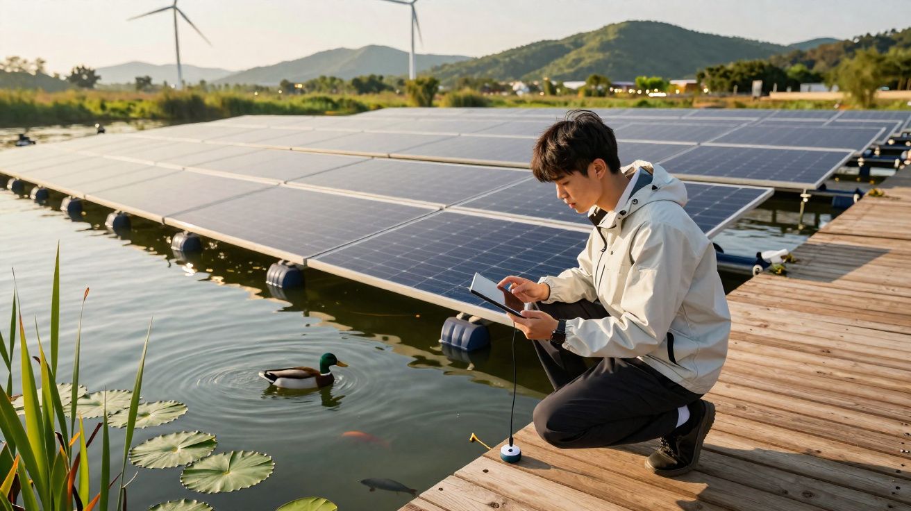 Homem a utilizar um tablet junto a painéis solares flutuantes num lago com patos e geradores eólicos ao fundo.
