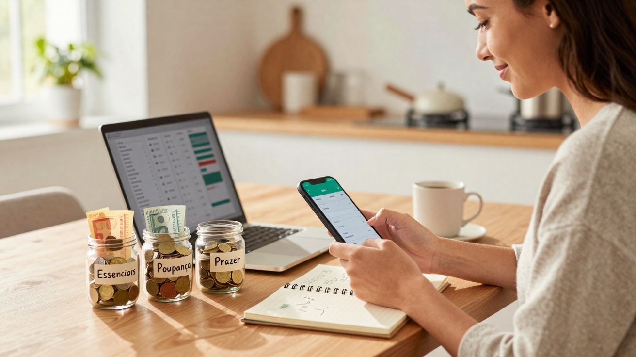 Mulher a gerir finanças pessoais com frascos etiquetados e smartphone à mesa da cozinha.