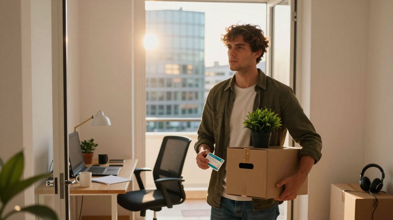 Homem com caixa e planta no escritório ao entardecer, preparando-se para mudança de trabalho.