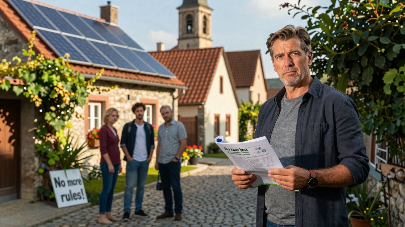Homem a olhar para frente com documento na mão, três pessoas e casas com painéis solares ao fundo.