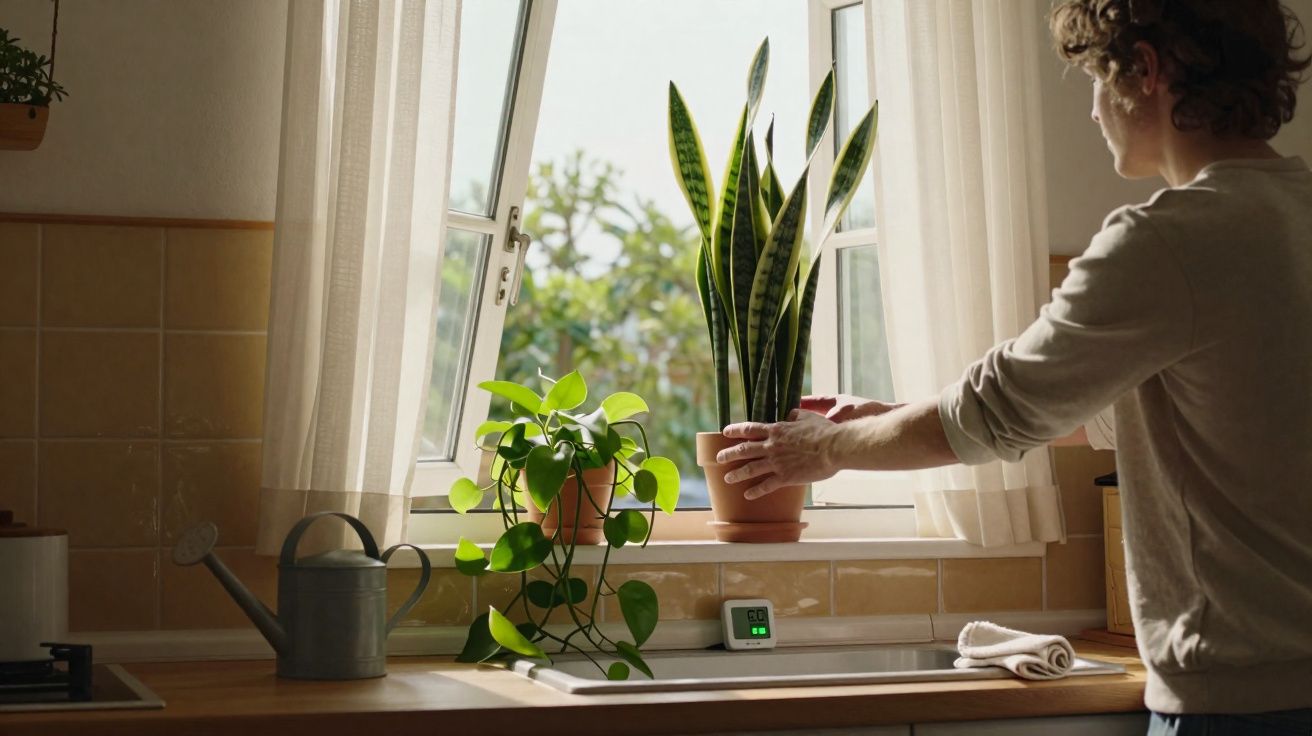 Pessoa a colocar planta junto a janela numa cozinha iluminada, com regador e outra planta à vista.