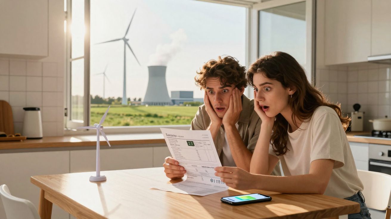 Casal em choque a analisar fatura de eletricidade, com modelo de turbina eólica na mesa e usina visível pela janela.