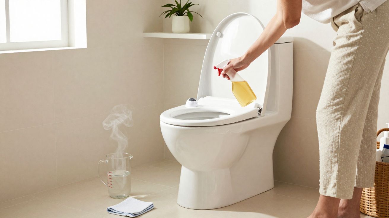 Pessoa a limpar um vaso sanitário branco numa casa de banho iluminada e organizada.