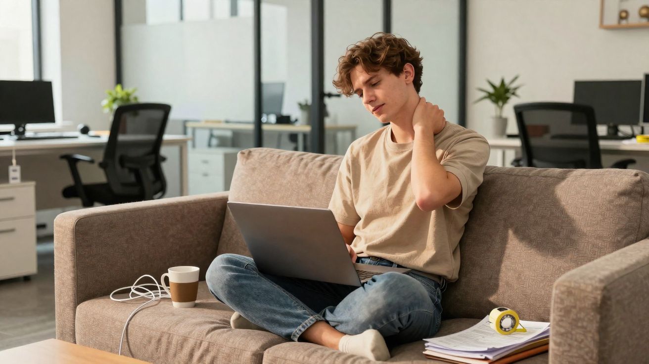 Jovem sentado no sofá com portátil, aparenta dor no pescoço, em ambiente de escritório moderno.
