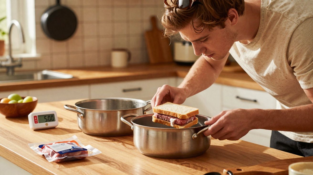 Homem a cozinhar um sanduíche num tacho na cozinha moderna com temporizador digital na bancada.
