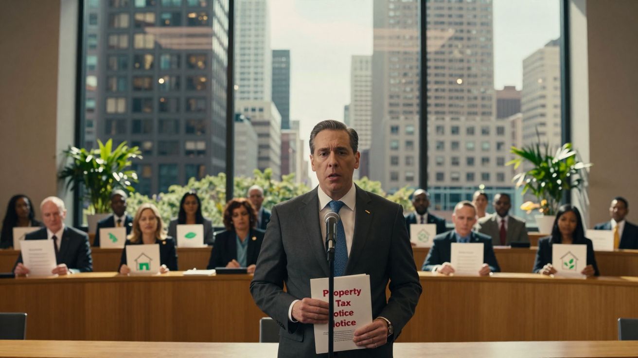 Homem em fato cinzento fala ao microfone com painel de pessoas atrás, segurando sinalização sobre impostos imobiliários.