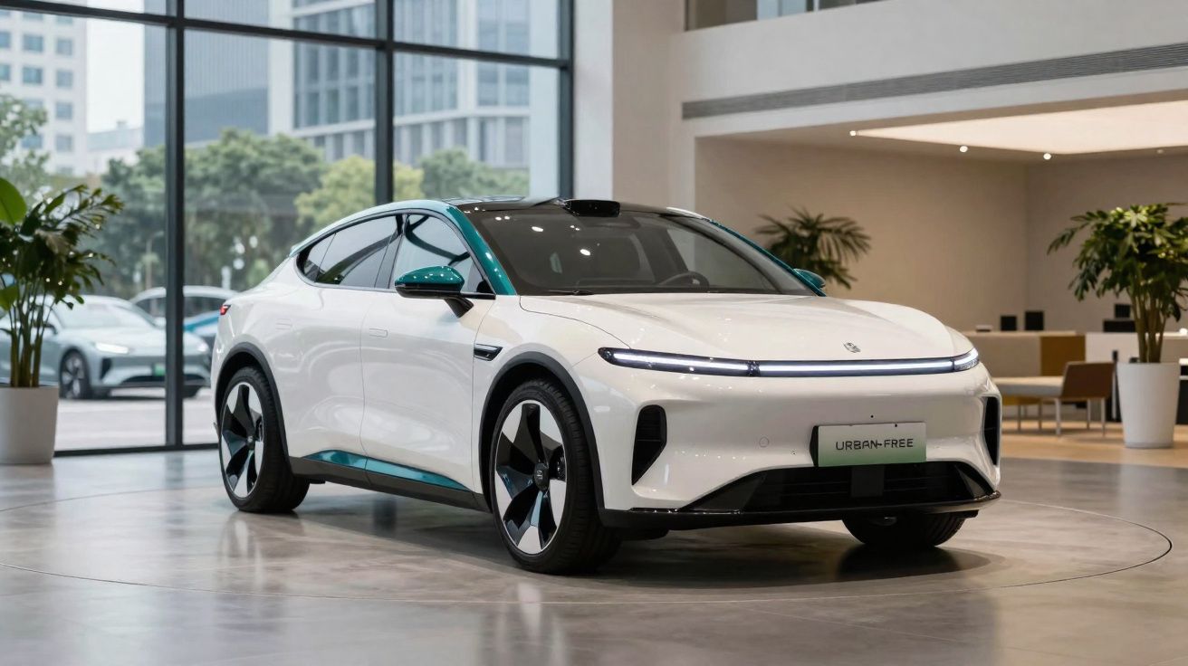 Carro elétrico branco com detalhes verdes, design moderno, exposto em showroom elegante e iluminado.