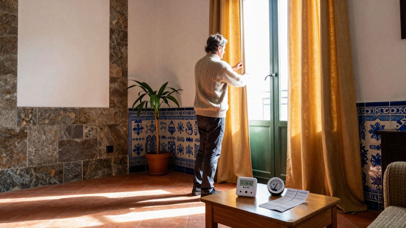 Homem abre cortina amarela numa sala tradicional com azulejos portugueses e luz natural.