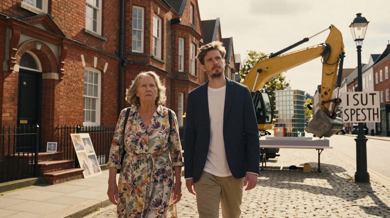 Duas pessoas a caminhar numa rua com casas de tijolo, ao lado de um trator amarelo e cartaz parcialmente visível.