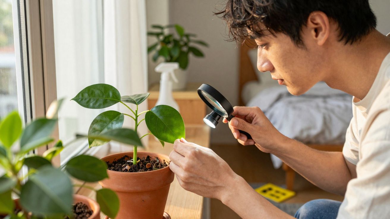 Homem observa planta em vaso com lupa numa mesa junto a uma janela em ambiente interior.