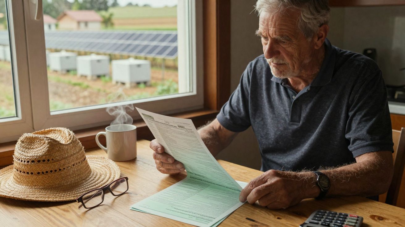 Homem idoso sentado junto à janela lendo documentos, com chapéu, óculos e chávena na mesa.