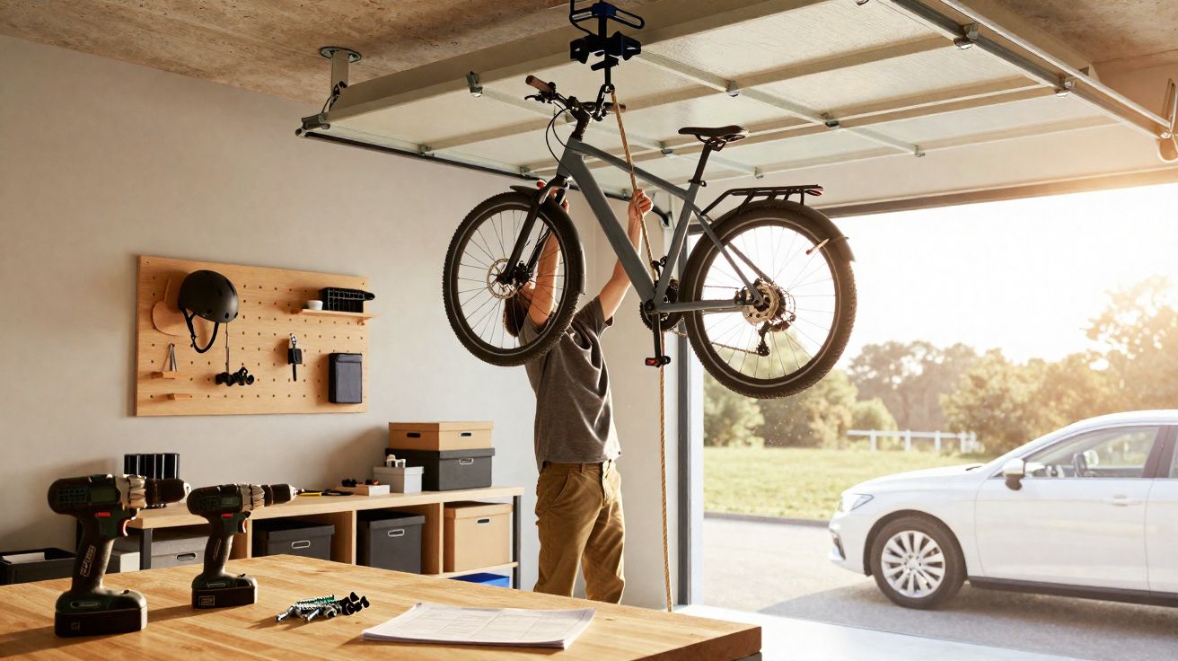 Pessoa a guardar bicicleta suspensa no teto de uma garagem com ferramentas e carro ao fundo.