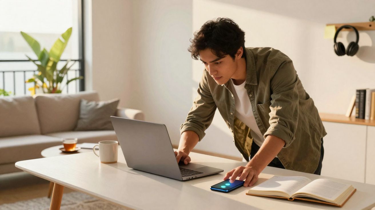 Jovem a usar computador portátil e atender chamada no smartphone numa mesa com livro aberto na sala.