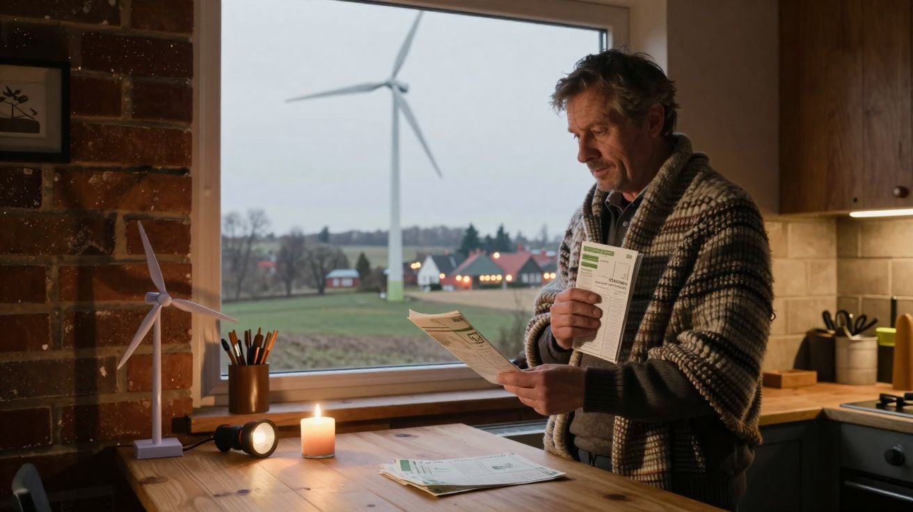 Homem a analisar contas de energia numa cozinha com moinho de vento visível pela janela.