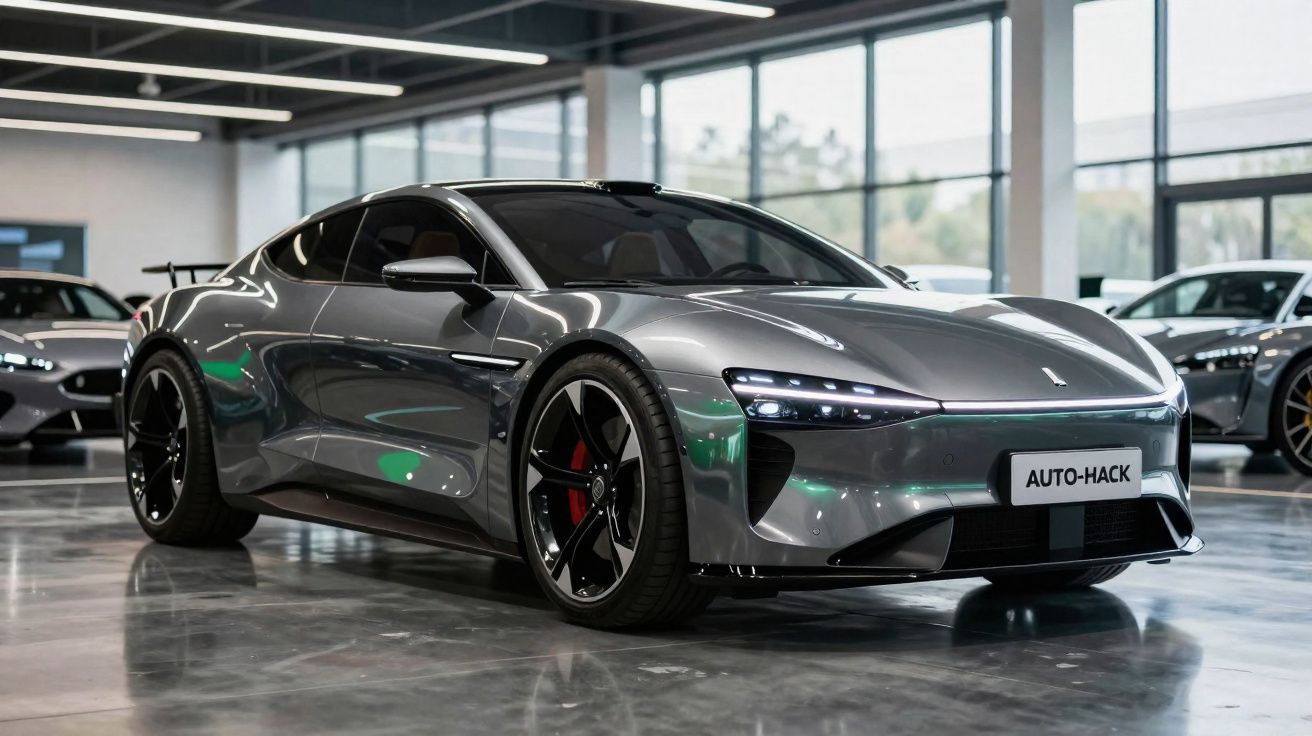 Carro desportivo elétrico cinza metálico estacionado num salão moderno com outras viaturas ao fundo.