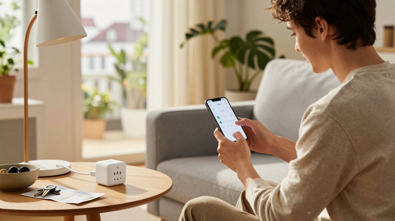 Homem sentado no sofá a controlar dispositivo inteligente usando smartphone numa sala iluminada.