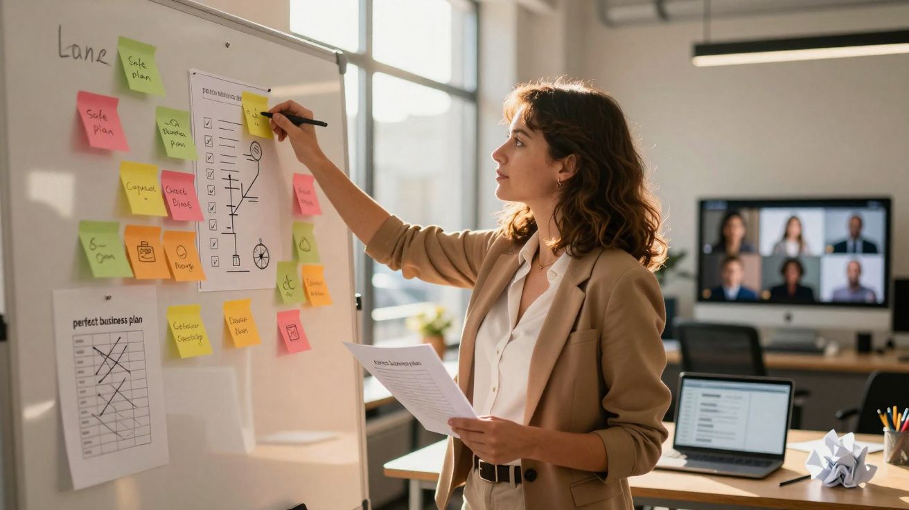 Mulher a escrever num quadro branco com post-its e gráficos em ambiente de escritório moderno.