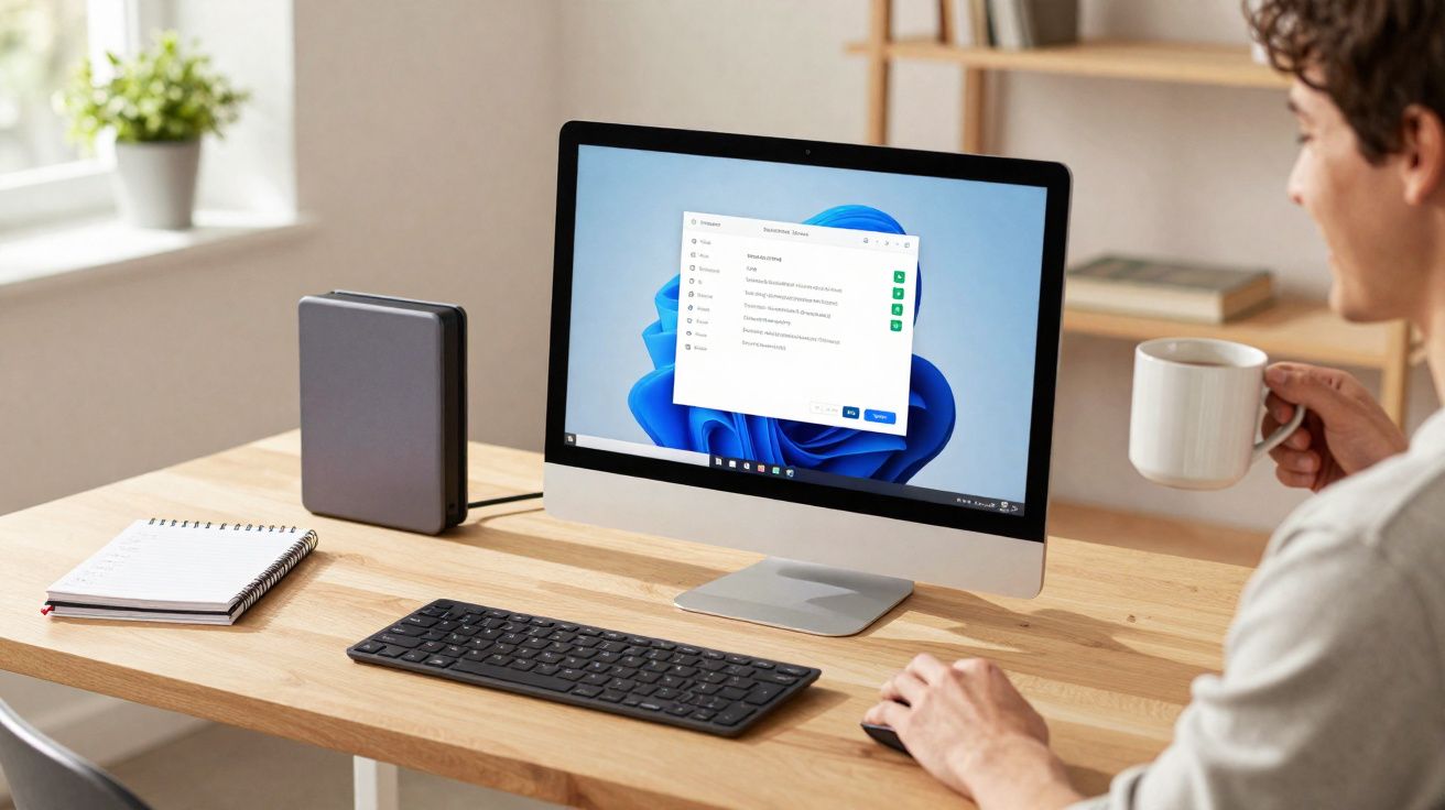 Pessoa a usar computador de secretária com sistema operativo Windows e a segurar uma chávena branca.