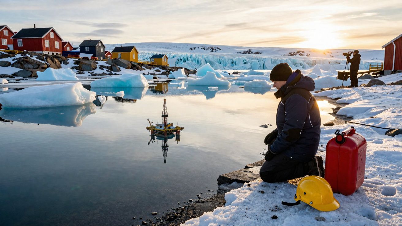 Homem com roupa de frio observa miniatura de plataforma petrolífera em lago gelado com casas coloridas no fundo.