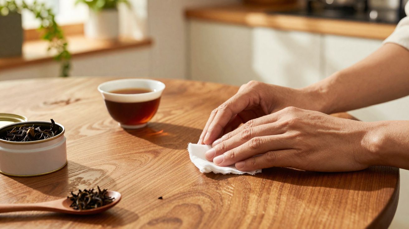 Mãos a limpar uma mesa de madeira com um pano branco, chá num copo e folhas soltas à volta.