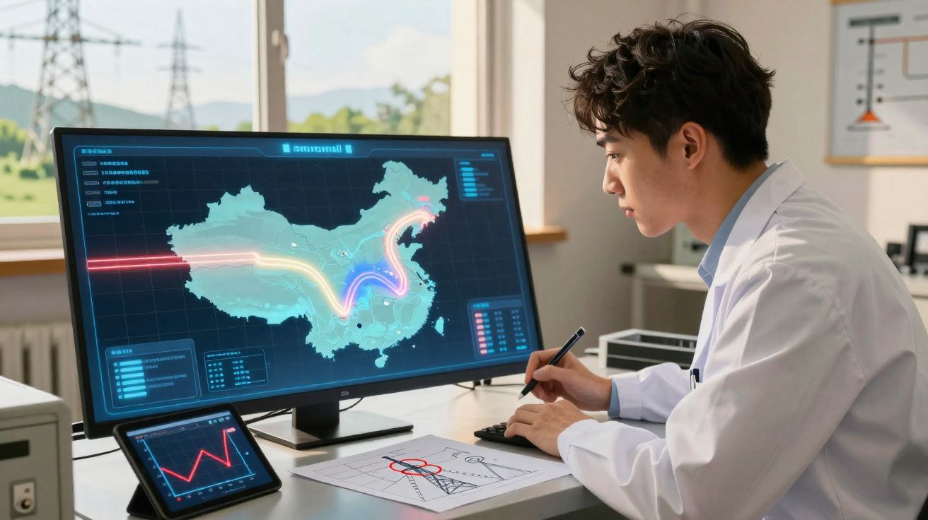 Homem a analisar mapa digital com rotas de energia na China num ecrã num escritório moderno.