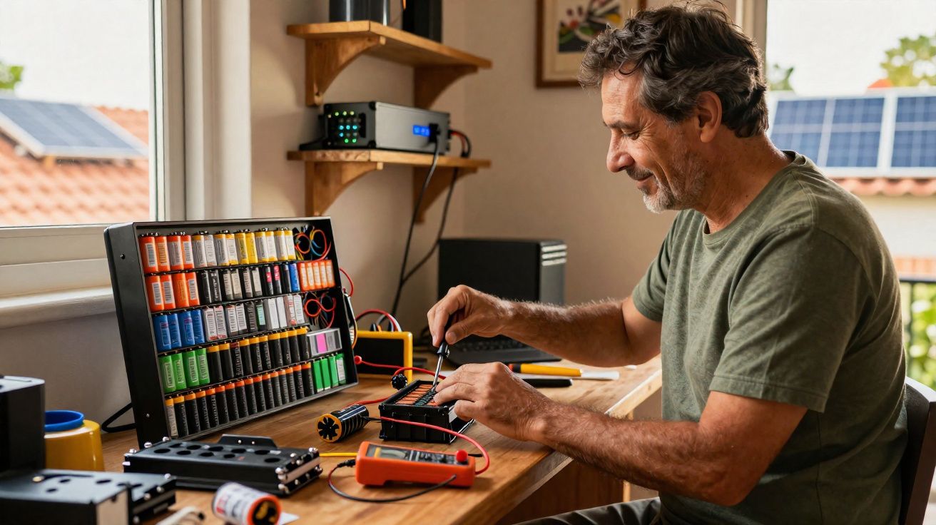 Homem a montar dispositivo elétrico com ferramentas numa mesa junto a janela com painéis solares exteriores.