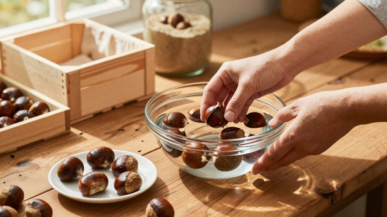 Mãos a colocar castanhas numa taça com água sobre uma mesa de madeira iluminada pela luz natural.