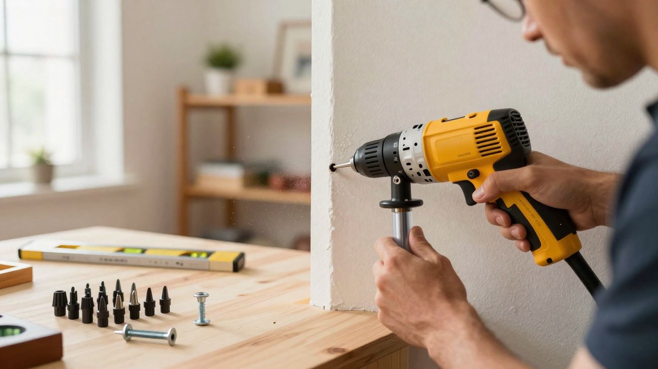 Pessoa a utilizar uma parafusadeira amarela para fixar um móvel de madeira à parede branca.