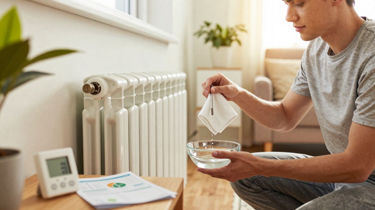 Homem a testar o radiador com termómetro e recipiente com água numa sala luminosa e acolhedora.