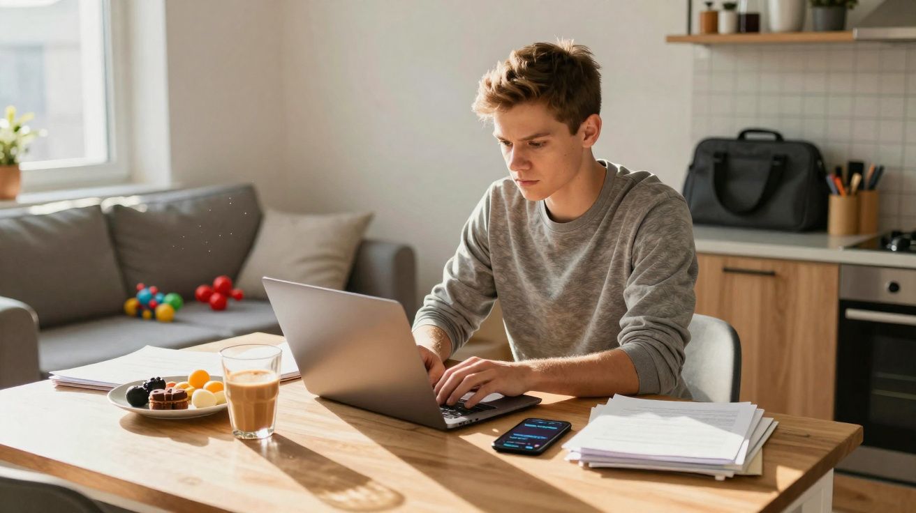 Jovem a trabalhar num portátil sentado à mesa de cozinha com documentos, telemóvel, bebida e prato de fruta.
