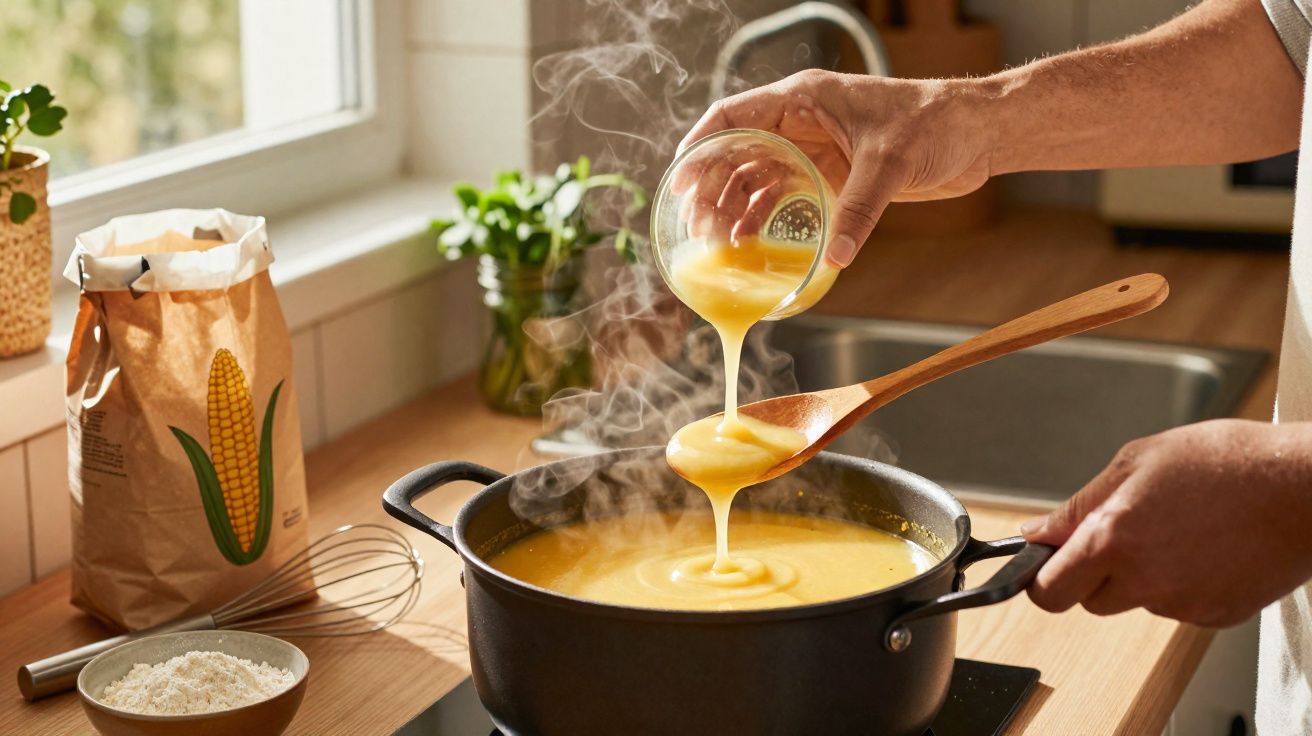 Mãos a verter polenta quente num tacho preto numa cozinha luminosa com ingredientes de milho na bancada.