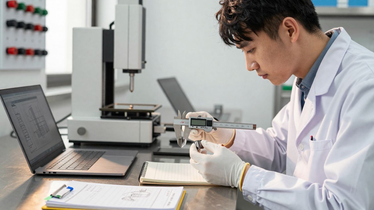Homem jovem em bata branca mede peça metálica com paquímetro digital num laboratório moderno.