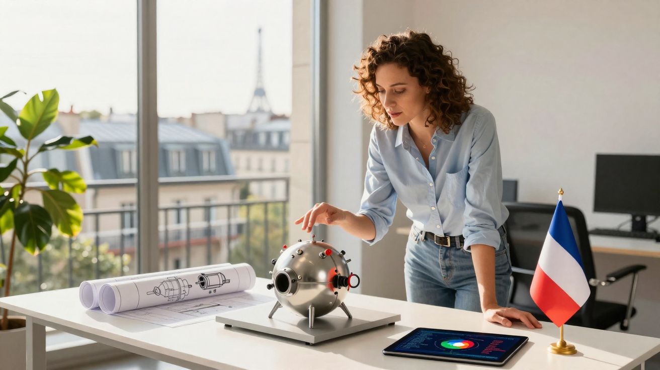 Mulher a analisar modelo mecânico na secretária com bandeira francesa e esboços técnicos no escritório.