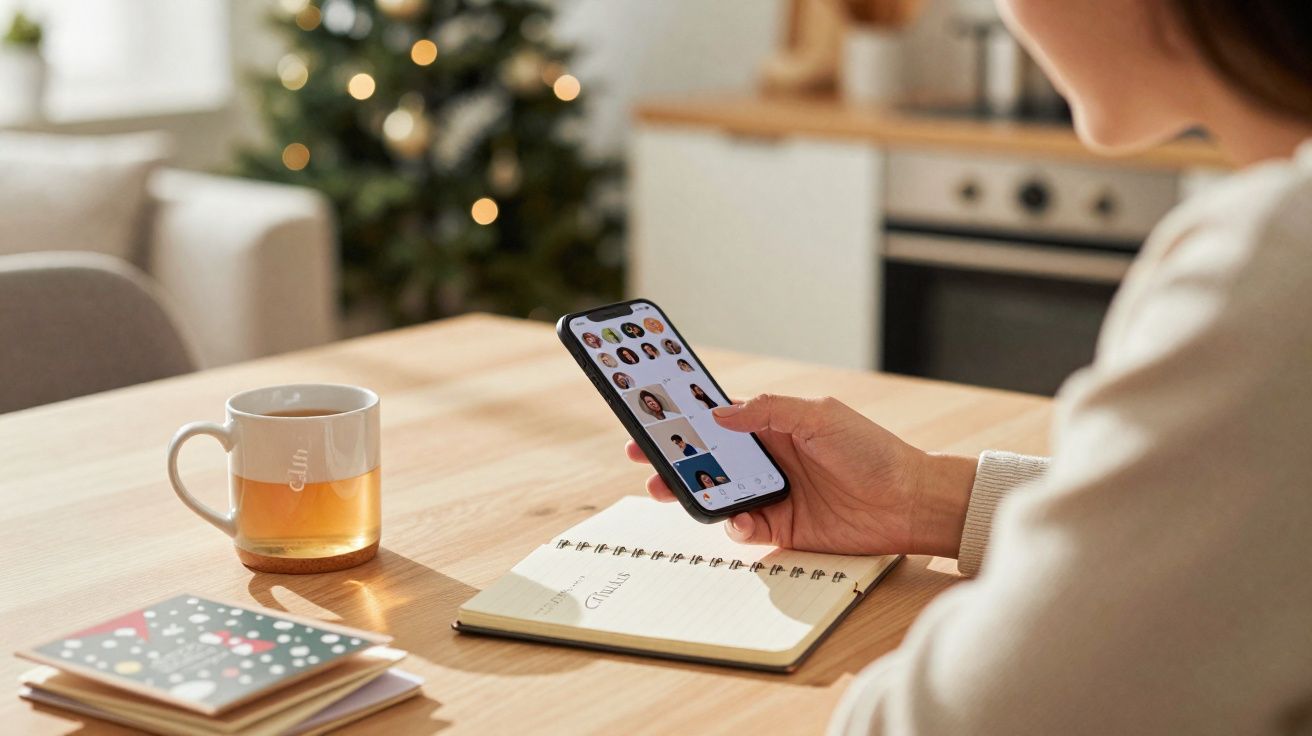 Pessoa a segurar telemóvel com contactos, caderno aberto, chá numa caneca e árvore de Natal ao fundo.