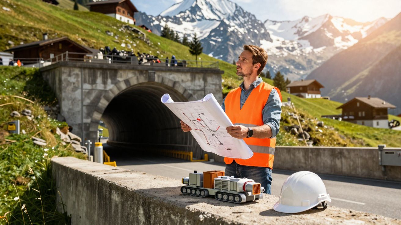 Engenheiro civil com colete laranja examina projeto junto a túnel na montanha com neve ao fundo.