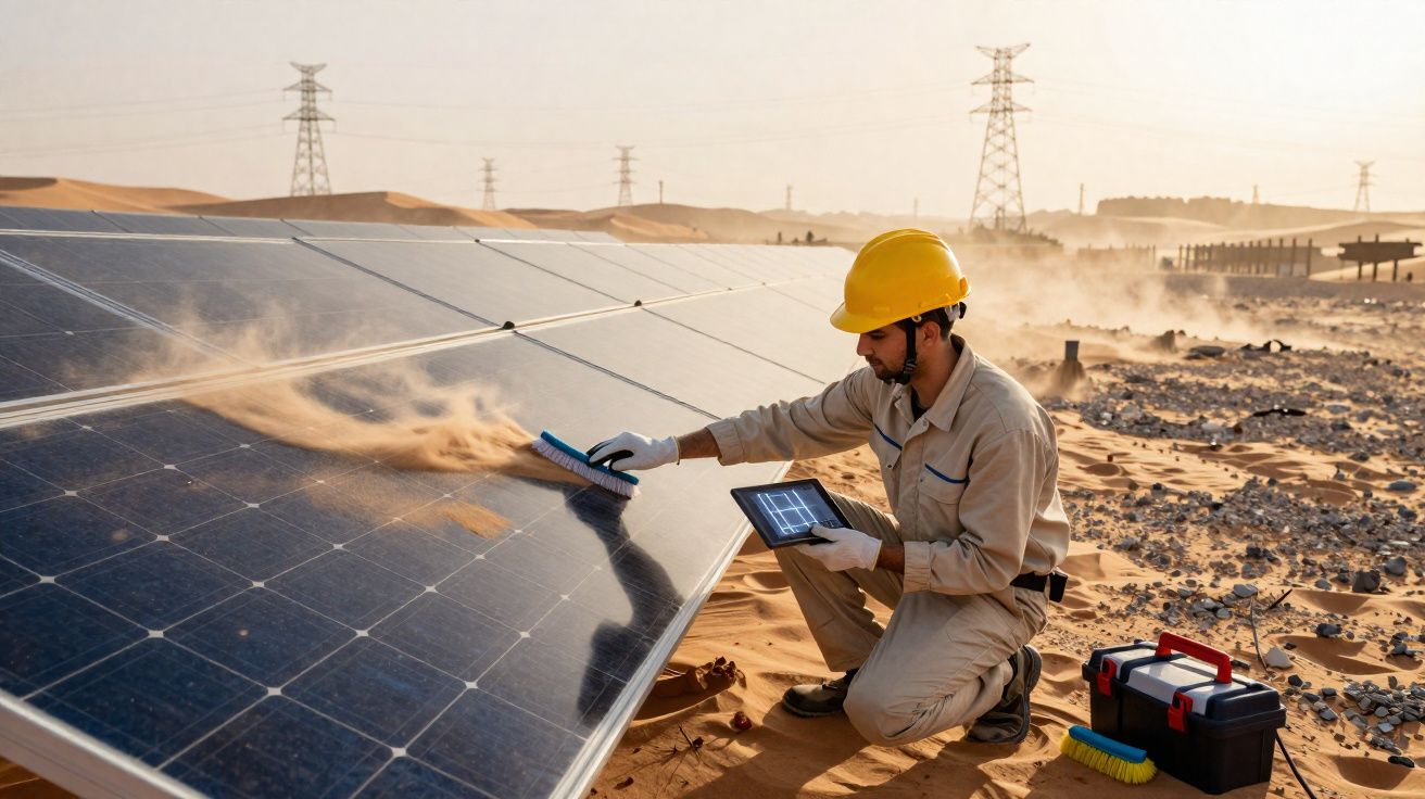 Técnico de segurança a limpar painéis solares cobertos de poeira num deserto com tablet na mão.
